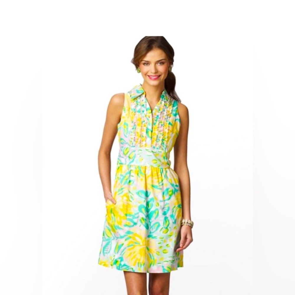 LILY PULITZER Size 6 Essie Shirt Dress Pink Lilet Pockets Yellow ☀️ Wedding Tea